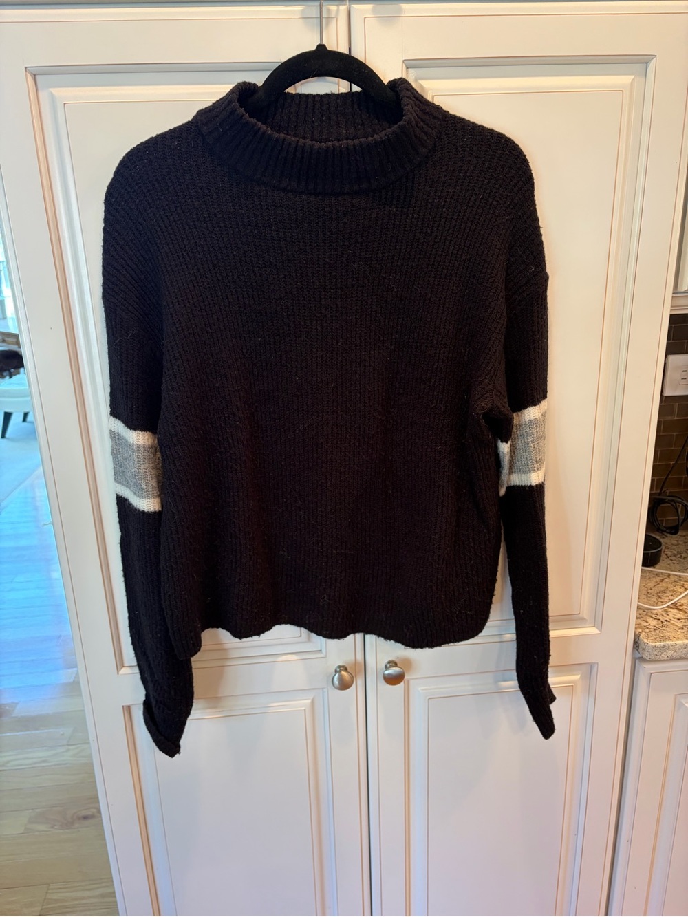 John + Jenn Black Turtleneck Sweater with Cream and Gray Sleeve Stripes
